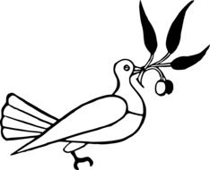 black-white drawing of a bird with a branch with olives