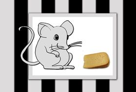 Mouse and cheese poster drawing at black and grey background with stripes