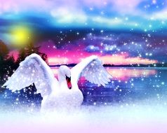 painted white swan on colorful sunset background