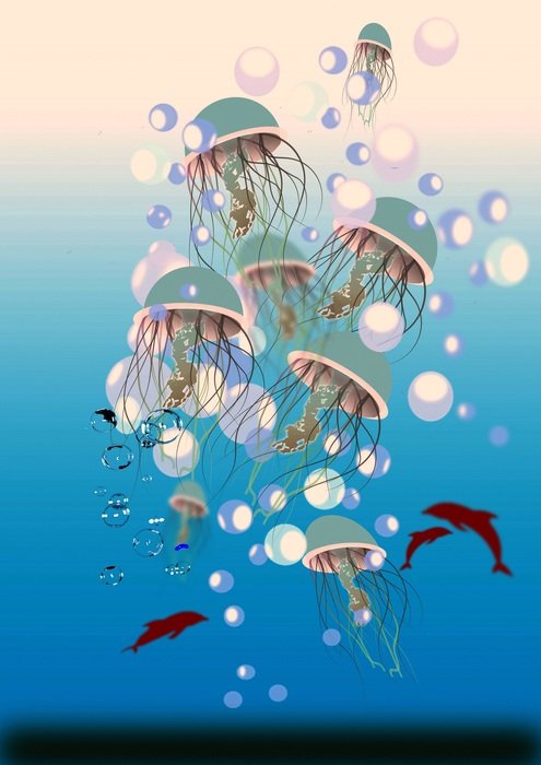 painted jellyfish and dolphins underwater