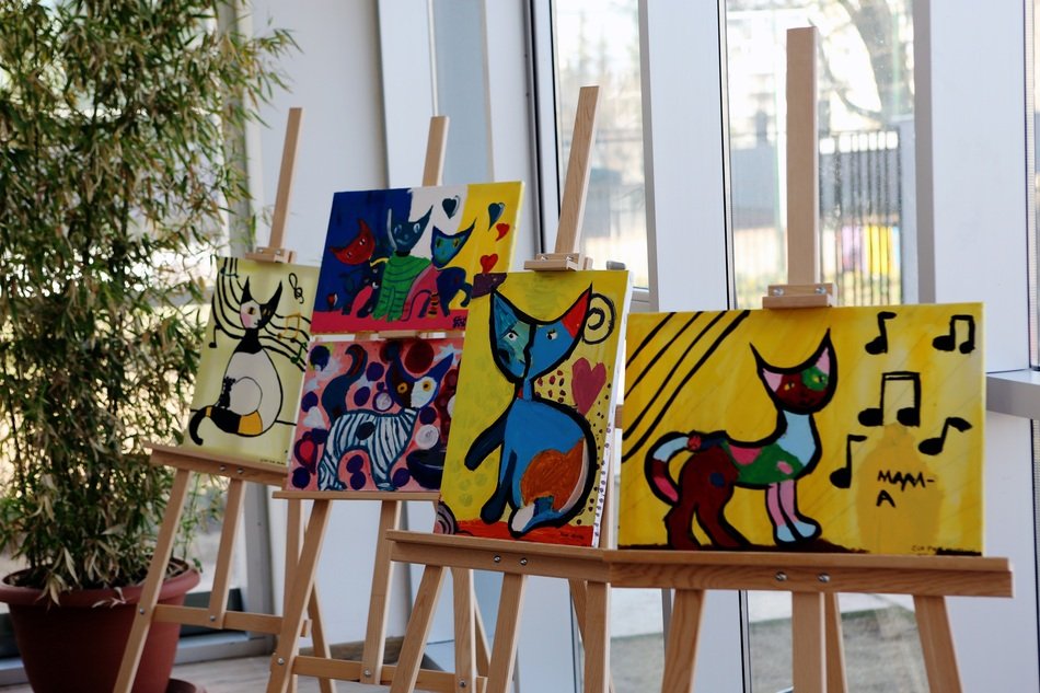 exhibition with drawings of cats