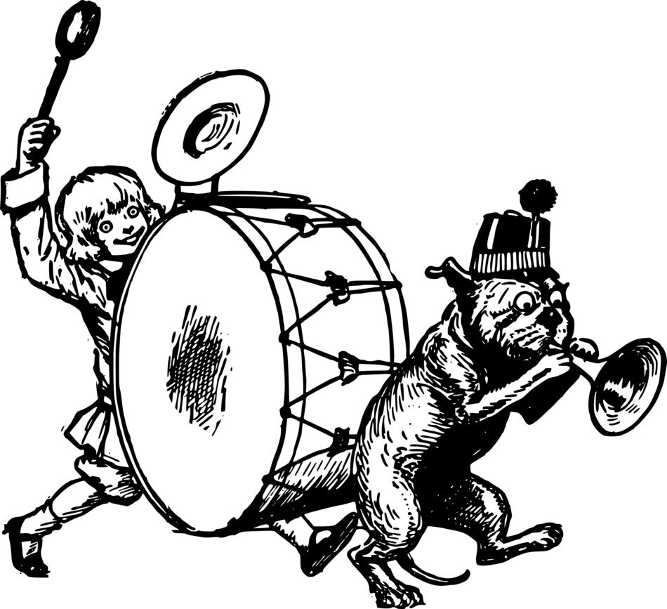 Boy playing drum and Dog playing trumpet, vintage drawing