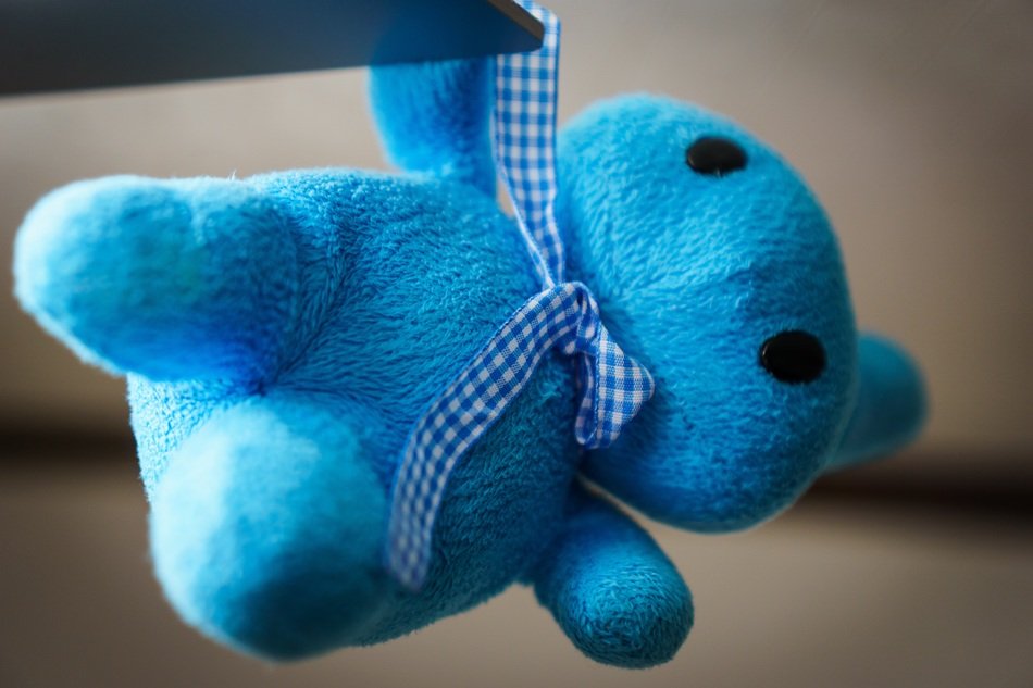 blue soft toy with bow on neck