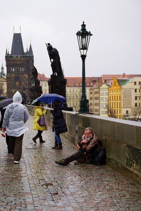 people on the carlo Bridge in Prague in the rain