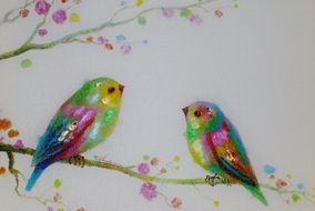 beautiful painting of two birds on a branch