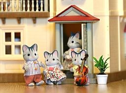 toy family of cats on the background of a toy house