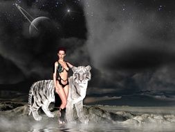 girl with white tiger computer graphics