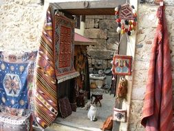 cat on the background of the door to the Turkish shop with carpets, turkey, antalya