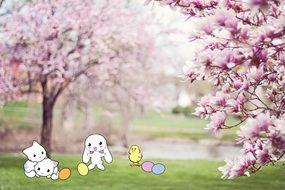 Hare, Cats and Chicken in blooming garden, easter collage