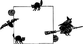 Halloween Witch Pumpkin frame and black cat drawing
