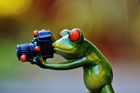 profile portrait of toy frog with camera