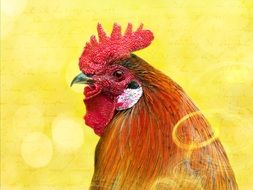 red Hahn head at yellow background, digital art