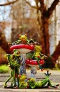 a group of frogs near a mushroom