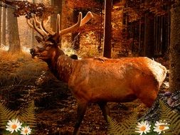 painted deer with big horns at the edge of the forest