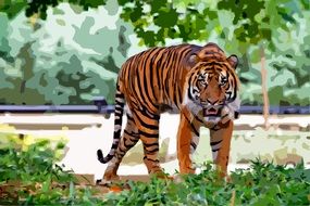 tiger stands on green grass, digital art