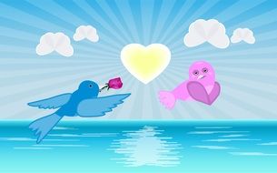 drawing of love birds on blue sky background