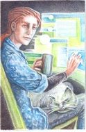 graphic drawing of a young man at the computer