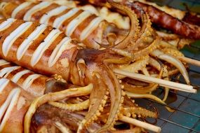 Fried squids in a fish market