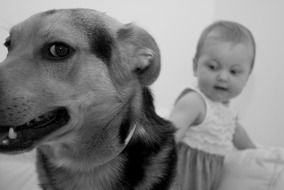 black and white photo of a child near a dog