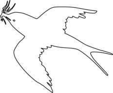 Black and white outline drawing of the flying bird