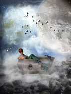fantasy drawing of a mermaid in the bath on the background of a large moon