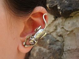 silver earring in the shape of a cat on the ear