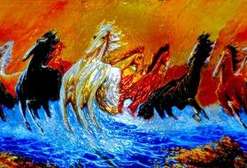 herd of horses running through water, artwork