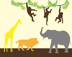 Jungle Animals, colored silhouettes