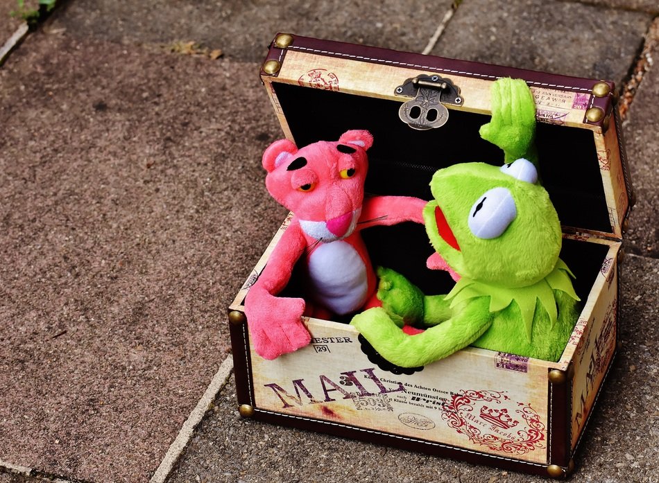 plush toys sit in the trunk