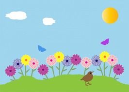drawing of a bird in a flower meadow