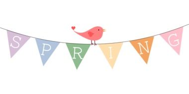 painted bird on colorful flags and the inscription spring