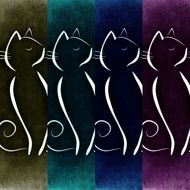 silhouettes of four cats on a rainbow background