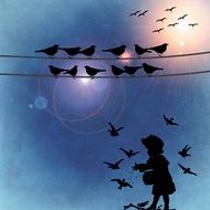 silhouette of child girl feeding birds