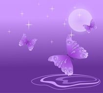 painted purple butterflies on a background of night purple sky