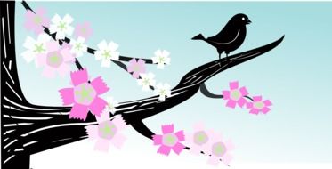 Bird perched on the Branch of blooming Tree, drawing