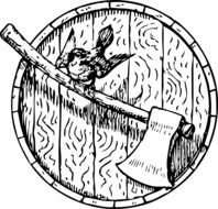 Sparrow sits on Axe handle at top of barrel, drawing