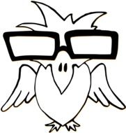 black and white drawing of a bird in glasses