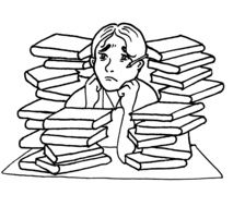 anxious man among the pile of books drawing