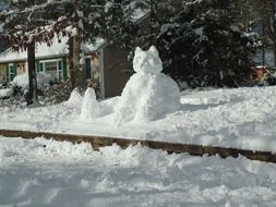Cute and beautiful Snowman in shape of kitty near the trees