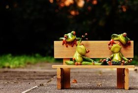 Frogs do yoga on a bench in the park