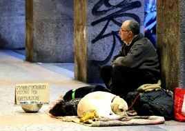 man sitting on the street next to a dog