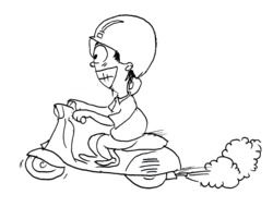 Cartoon man rides Vespa scooter