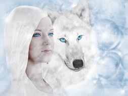 drawing of a girl and a wolf on a blue background