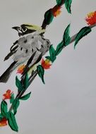 Chinese painting in the form of a bird on a flowering branch