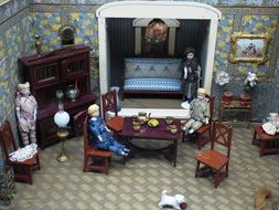 vintage Dollhouse, dolls in luxury interior