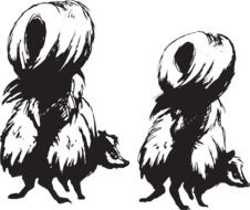 black and white graphic image of two skunks