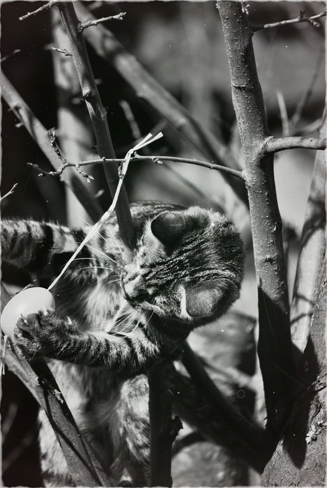 kitten among the branches in black and white image