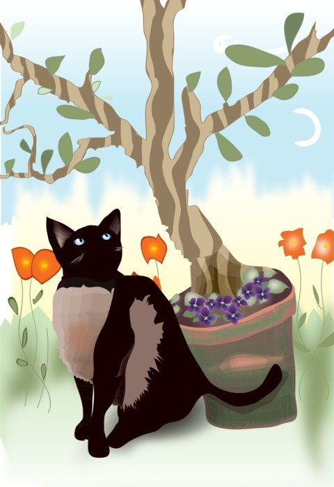 Siamese cat near a tree as a graphic image