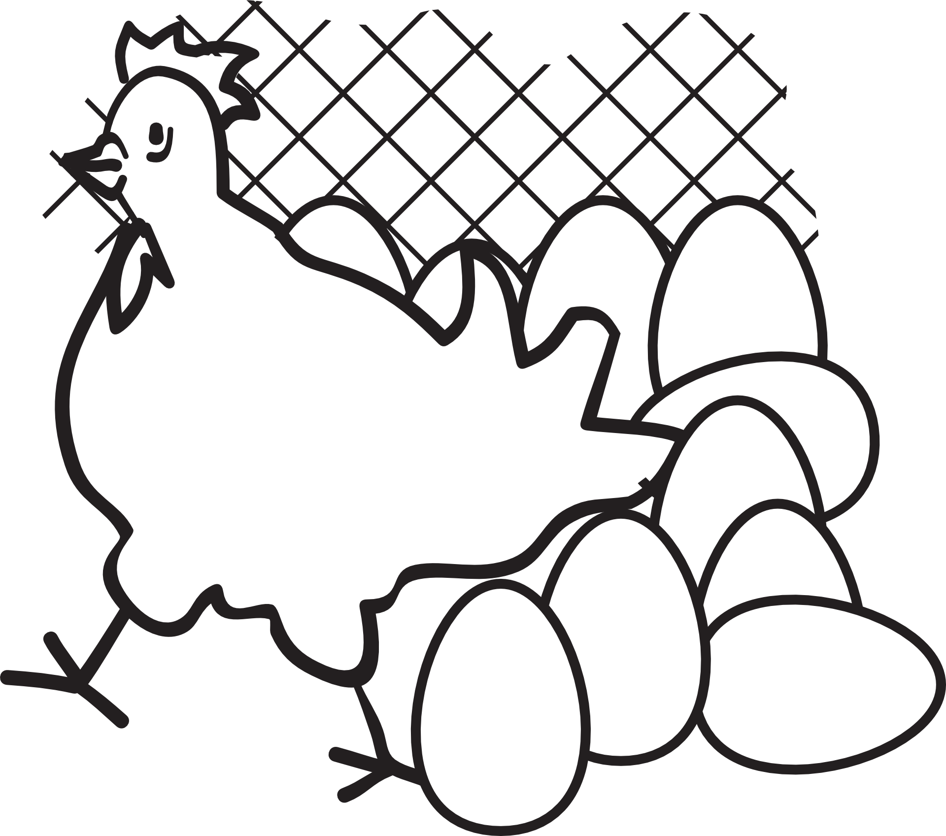 Black and white drawn chicken with eggs image.