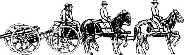 Black and white drawing of the drawn riders on horseback and wagon